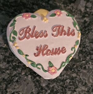 90s "Bless This‎ House" Heart Finial Shabby Chic Cottagecore Embossed Floral Vtg